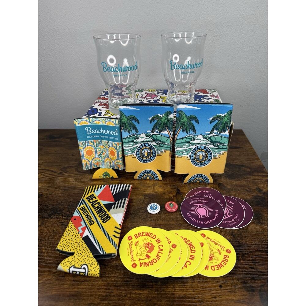 Beachwood Brewing California Series Curvy Beer Glass Set Koozie Stickers USA - Picture 10 of 10